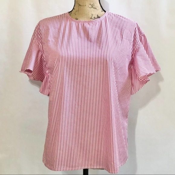 J. McLaughlin Striped Flutter Sleeve Keyhole Back Short Sleeve Blouse Size XS - Picture 7 of 8